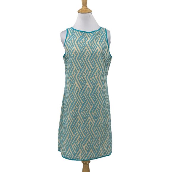 Chelsea & Violet Dress Womens Small Beige Blue Shift Textured Keyhole Ikat Lined - Picture 1 of 15